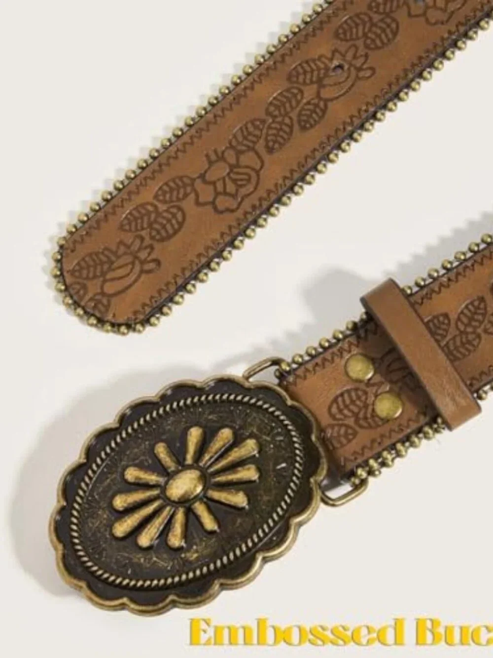 Women Western Belt with Heart Embossed Buckle Vintage Brown Belt for Jeans Pant